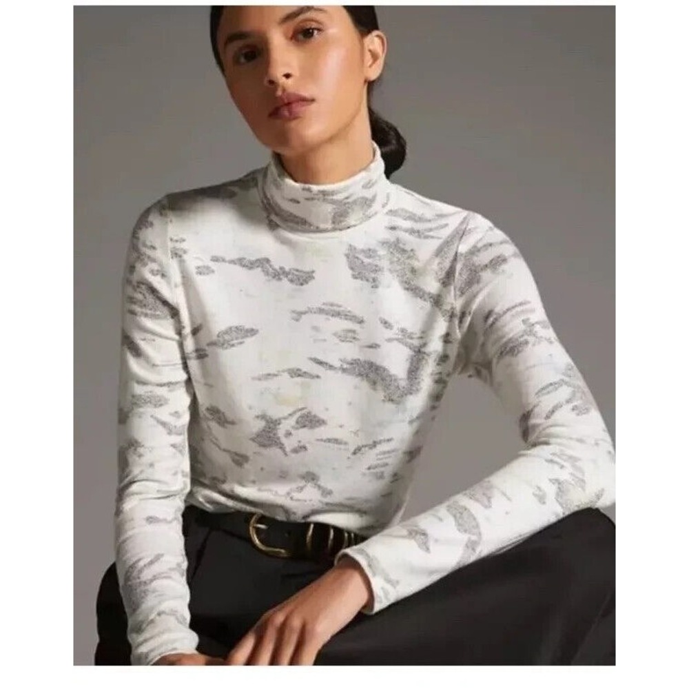 Anthropologie Cropped Camo Mock Turtleneck Large Ivory Minimalist